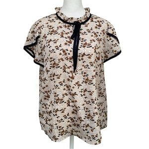 First Lady Brown Floral Mock Neck Blouse Top